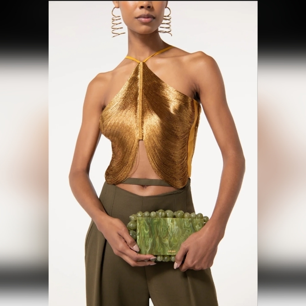 Cult Gaia Quella Gold Fringe Halter Top